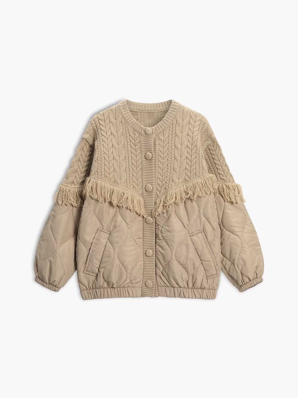 Commense Patchwork Cable Knit Quilted Coat Cotton Blend Textured Tan Jacket M